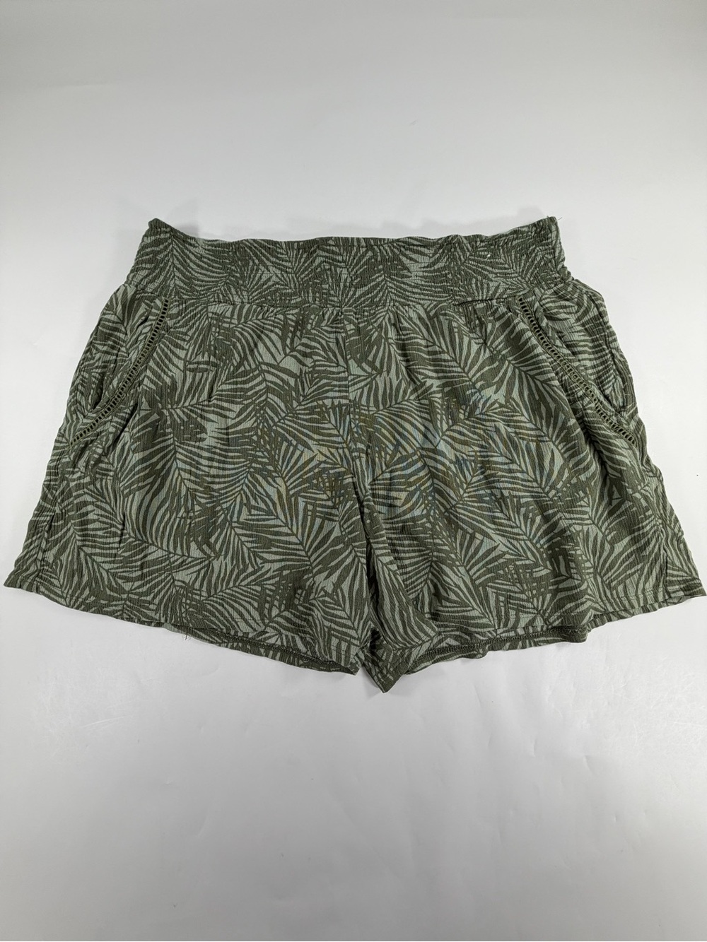 Dots‎ Olive Green Palm Tropical Print Pull On Shorts Rayon Boho Casual Womens XL